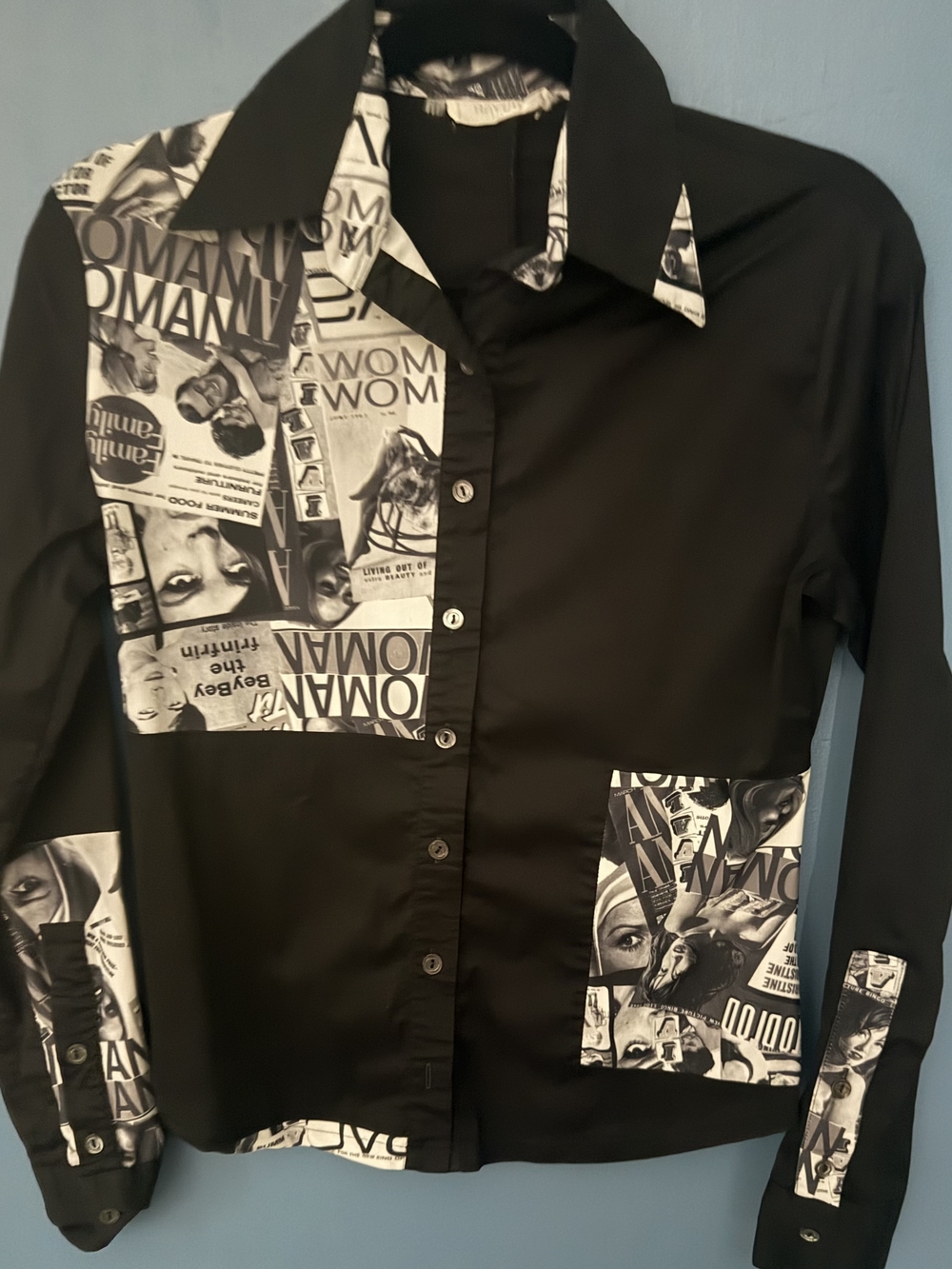 Rare Unisex Black Long-Sleeve Dress Shirt with Monochrome Photo-Print Panels